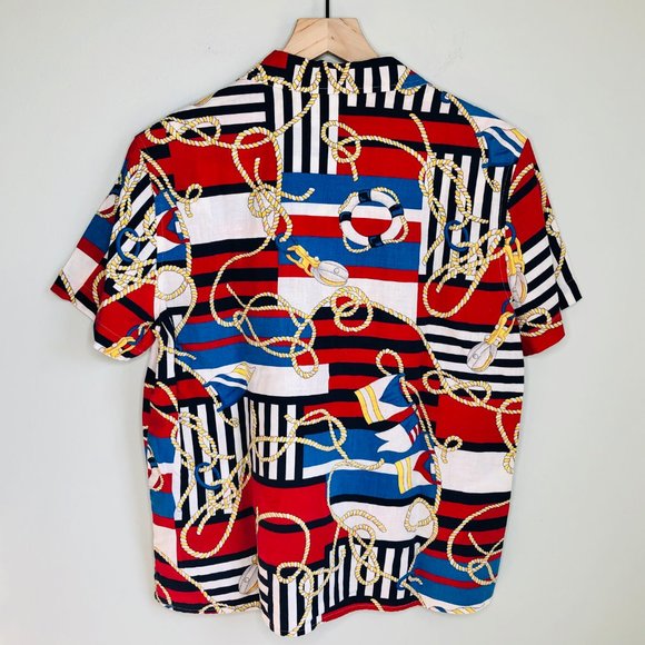 Vintage Linen Nautical Flag Print Button Up Short Sleeve Blouse Shirt Top Summer - Picture 3 of 4